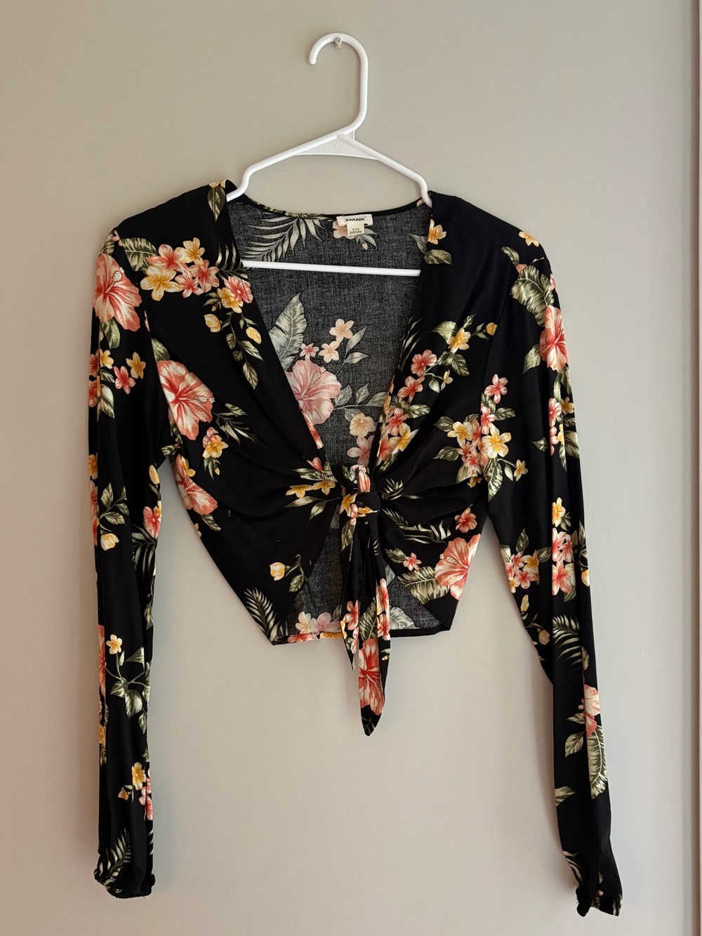 Garage Black Floral Tie-Front Long Sleeve Crop Top